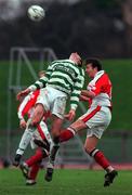 16 January 2000; Donal Broughan of St Patrick's Athletic in action against Graham Lawlor of Shamrock Rovers during the Eircom League Premier Division match between Shamrock Rovers and St Patrick's Athletic at Morton Stadium in Santry, Dublin. Photo by David Maher/Sportsfile