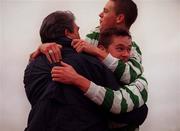 16 January 2000; Billy Woods of Shamrock Rovers, looking right, celebrates his last minute winning goal with team-mate Shane Robinson and Shamrock Rovers Youth Development Officer Jimmy Jackson during the Eircom League Premier Division match between Shamrock Rovers and St Patrick's Athletic at Morton Stadium in Santry, Dublin. Photo by David Maher/Sportsfile