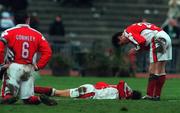 16 January 2000; Marcus Hallows of St Patrick's Athletic is consoled by team-mate Martin Russell, right, after missing a goal chance during the Eircom League Premier Division match between Shamrock Rovers and St Patrick's Athletic at Morton Stadium in Santry, Dublin. Photo by David Maher/Sportsfile
