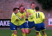12 March 2000; Shane Bradley of Finn Harps, second from left, celebrates with team-mate Kevin McHugh, Mick Turner and Fergal Harkin, after scoring his side's first goal during the Eircom League Premier Division match between UCD and Finn Harps at Belfield Park in UCD, Dublin. Photo by David Maher/Sportsfile