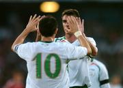 22 August 2007; Robbie Keane, no.10, Republic of Ireland, celebrates after scoring his side's first goal with team-mate Darren Potter. International Friendly, Denmark v Republic of Ireland, Atletion Stadium, Aarhus, Denmark. Picture credit: David Maher / SPORTSFILE