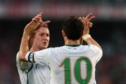 22 August 2007; Robbie Keane, no.10, Republic of Ireland, celebrates after scoring his side's first goal with team-mate Aiden McGeady. International Friendly, Denmark v Republic of Ireland, Atletion Stadium, Aarhus, Denmark. Picture credit: David Maher / SPORTSFILE