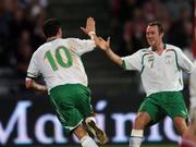 22 August 2007; Robbie Keane, no.10, Republic of Ireland, celebrates after scoring his side's second goal with team-mate Aiden McGeady. International Friendly, Denmark v Republic of Ireland, Atletion Stadium, Aarhus, Denmark. Picture credit: David Maher / SPORTSFILE