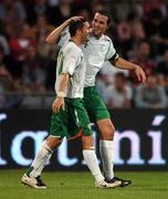 22 August 2007; Robbie Keane, left, Republic of Ireland, celebrates after scoring his side's second goal with team-mate John O'Shea. International Friendly, Denmark v Republic of Ireland, Atletion Stadium, Aarhus, Denmark. Picture credit: David Maher / SPORTSFILE