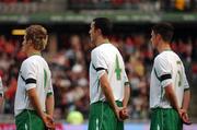 22 August 2007; Republic of Ireland players, from left, Kevin Doyle, John O'Shea and Darren Potter, wearing arm bands in respect of the late Tom Staunton, father of Republic of Ireland manager Steve Staunton. International Friendly, Denmark v Republic of Ireland, Atletion Stadium, Aarhus, Denmark. Picture credit: David Maher / SPORTSFILE