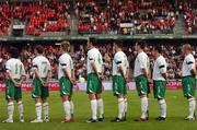 22 August 2007; Republic of Ireland players, from left, Stephen Hunt, Aiden McGeady, Kevin Doyle, John O'Shea, Darren Potter, Steve Finnan, Andy Reid and Stephen Carr, wearing arm bands in respect of the late Tom Staunton, father of Republic of Ireland manager Steve Staunton. International Friendly, Denmark v Republic of Ireland, Atletion Stadium, Aarhus, Denmark. Picture credit: David Maher / SPORTSFILE