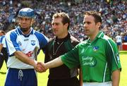 12 August 2007; Waterford captain Michael Walsh and Limerick captain Damien Reale shake hands in front of referee Seamus Roche. Guinness All-Ireland Senior Hurling Championship Semi-Final, Limerick v Waterford, Croke Park, Dublin. Picture credit; Ray McManus / SPORTSFILE