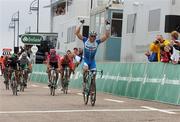 25 August 2007; Edvald Boasson Hagen, Team Maxbo-Bianchi, celebrates as he crosses the line ahead of Bernhard Eisel, T-Mobile Team, and Maximiliano Richeze, Ceramica Panaria Navigare, in Salthill, Galway. Tour of Ireland, Stage 4, Galway to Galway. Picture credit: Stephen McCarthy / SPORTSFILE