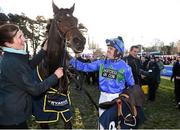 29 December 2014; Jockey Ruby Walsh and groom Gail Carlisle with Hurricane Fly after winning the Ryanair Hurdle, and his 21st Grade 1 victory which is a new world record. Leopardstown Christmas Festival, Leopardstown, Co. Dublin. Photo by Sportsfile