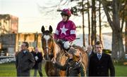 29 December 2014; Don Poli, left, with Bryan Cooper being lead into the winners enclosure by groom Linda Masterson after winning the Topaz Novice Steeplechase. Leopardstown Christmas Festival, Leopardstown, Co. Dublin. Picture credit: Barry Cregg / SPORTSFILE
