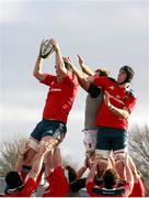 29 December 2014; Munster's Sean McCarthy wins the ball from the line out. Munster A / Development v Ireland U20 - Challenge match. Temple Hill, Cork. Picture credit; Eóin Noonan / SPORTSFILE