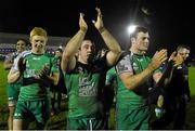1 January 2015; Connacht players Darragh Leader, left, Denis Buckley, centre, and Robbie Henshaw applaud supporters after victory over Munster. Connacht v Munster, Guinness PRO12 Round 12. The Sportsground, Galway. Picture credit: Diarmuid Greene / SPORTSFILE