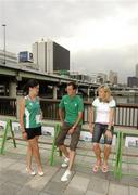 24 August 2007; Irish athletes Mary Cullen, left, Alistair Cragg, and Roisin McGettigan relaxing in Osaka prior to the start of the Championships. The 11th IAAF World Championships in Athletics, Dijimahama, Kita-Ku, Osaka, Japan. Picture credit: Brendan Moran / SPORTSFILE  *** Local Caption ***