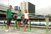 24 August 2007; Irish athletes Alistair Cragg, Mary Cullen, centre, and Roisin McGettigan relaxing in Osaka prior to the start of the Championships. The 11th IAAF World Championships in Athletics, Dijimahama, Kita-Ku, Osaka, Japan. Picture credit: Brendan Moran / SPORTSFILE  *** Local Caption ***