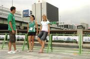 24 August 2007; Irish athletes Alistair Cragg, Mary Cullen, centre, and Roisin McGettigan relaxing in Osaka prior to the start of the Championships. The 11th IAAF World Championships in Athletics, Dijimahama, Kita-Ku, Osaka, Japan. Picture credit: Brendan Moran / SPORTSFILE  *** Local Caption ***
