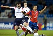 30 August 2007; Ollie Cahill, Drogheda United, in action against Henrik Larsson, Helsingborgs. UEFA Cup, Second Qualifying Round,  Second Leg, Helsingborgs v Drogheda United, The Olympen Stadium, Helsingborg, Sweden. Picture credit: Rickard Nilsson /  SPORTSFILE *** Local Caption ***