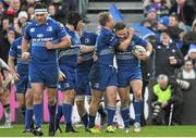 3 January 2015; Leinster's Ian Madigan is congratulated by team-mate Luke Fitzgerald after scoring his side's first try of the game. Leinster v Ulster, Guinness PRO12 Round 12. RDS, Ballsbridge, Dublin. Picture credit: Cody Glenn / SPORTSFILE