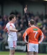 4 January 2015; Referee Noel Mooney issues red cards to Colm Cavanagh, Tyrone and Ciaran McKeever, Armagh, after a first half incident. Bank of Ireland Dr McKenna Cup, Group C, Round 1, Armagh v Tyrone. Athletic Grounds, Armagh. Picture credit: Oliver McVeigh / SPORTSFILE