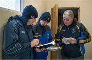 4 January 2015; Wicklow selector PJ Cunningham, left, advises the PRO David Murray, right, and Administrator Mick Murphy of the team names and numbers. Bord na Mona O'Byrne Cup, Group D, Round 1, Wicklow v Carlow IT. Blessington, Co. Wicklow.  Picture credit: Ray McManus / SPORTSFILE