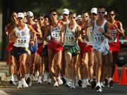 26 August 2007; Ireland's Robert Heffernan, 116, competing alongside eventual winner Jefferson Perez, 108, Ecuador, Koichiro Morioka, 127, Japan, and Ivano Brugnetti, 110, Italy, on his way to finishing in 6th place in the Men's 20km Walk final with a time of 1.23.42. The 11th IAAF World Championships in Athletics, Nagai Stadium, Osaka, Japan. Picture credit: Brendan Moran / SPORTSFILE *** Local Caption ***