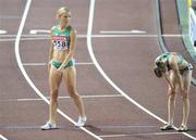 27 August 2007; Irish athletes Roisin McGettigan, left,  who finished 10th in a time of 9.39.80, and Fionnuala Britton, who finished 12th in a time of 9.48.09, after the Women's 3000m Steeplechase Final. The 11th IAAF World Championships in Athletics, Nagai Stadium, Osaka, Japan. Picture credit: Brendan Moran / SPORTSFILE  *** Local Caption ***
