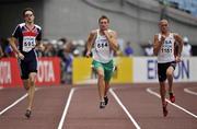 28 August 2007; Ireland's David Gillick, 684, competing alongside Martyn Rooney, left, of Great Britain and Jeremy Wariner of the USA, during his heat of the Men's 400m where he finished in 3rd place in a time of 45.35 seconds and qualified for the semi-finals on Wednesday night. The 11th IAAF World Championships in Athletics, Nagai Stadium, Osaka, Japan. Picture credit: Brendan Moran / SPORTSFILE  *** Local Caption ***