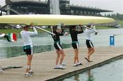 30 August 2007; The Irish Heavyweight Men's Four (M4-), left to right, Alan Martin, stroke, Sean Casey, 3rd seat, Cormac Folan, 2nd seat, and Sean O'Neill, bow, lower their boat on the pontoon before the Men's four semi-final during the 2007 World Rowing Championships, Oberschleissheim, Munich, Germany. Picture credit: David Maher / SPORTSFILE