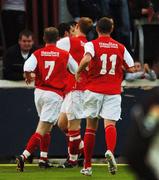 31 August 2007; Keith Fahey, St. Patrick's Athletic, is congratulated by team-mates Alan Kirby, 7, Glen Fitzpatrick and Mark Quigley, 11, after scroing past Waterford United goalkeeper Dean Delaney. eircom League of Ireland Premier Division, St. Patrick's Athletic v Waterford United, Richmond Park, Dublin. Picture Credit; Stephen McCarthy / SPORTSFILE