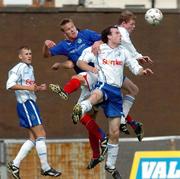 1 September 2007; Peter Thompson, Linfield, in action against Adam McMinn and Mark McConkey, Dungannon Swifts. CIS Insurance Cup, Group A, Linfield v Dungannon Swifts, Windsor Park, Belfast, Co. Antrim. Picture credit: Michael Cullen / SPORTSFILE
