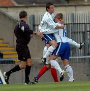 1 September 2007; Dungannon Swifts' Shane McCabe celebrates with team-mate Mark McAllister after scoring his side's first goal. CIS Insurance Cup, Group A, Linfield v Dungannon Swifts, Windsor Park, Belfast, Co. Antrim. Picture credit: Michael Cullen / SPORTSFILE