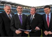 6 January 2015; In attendance at the launch of Hurling 2020 Committee Report are, from left, Pat Henderson, Liam Sheedy, Chairman of the Hurling 2020 Committee, Uachtarán Chumann Lúthchleas Gael Liam Ó Néill and Paul Flynn. Croke Park, Dublin. Photo by Sportsfile