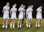 7 January 2015; Players from Kildare stand during a minute silence as a mark of respect for the four victims of a road traffic accident  in the vicinity yesterday. Bord na Mona O'Byrne Cup, Group B, Round 2, Kildare v Carlow, Geraldine Park, Athy, Co. Kildare. Picture credit: David Maher / SPORTSFILE
