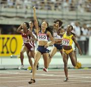 31 August 2007; Allyson Felix, of the USA, celebrates winning the Women's 200m Final from second placed Veronica Campbell, 577, of Jamaica and third placed Susanthika Jayasinghe, 865, of Sri Lanka. The 11th IAAF World Championships in Athletics, Nagai Stadium, Osaka, Japan. Picture credit: Brendan Moran / SPORTSFILE  *** Local Caption ***