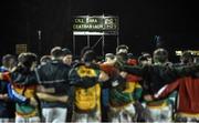 7 January 2015; A view of the scoreboard at the end of the game as the Carlow team form a huddle. Bord na Mona O'Byrne Cup, Group B, Round 2, Kildare v Carlow, Geraldine Park, Athy, Co. Kildare. Picture credit: David Maher / SPORTSFILE