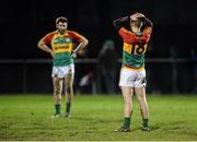 7 January 2015; A disappointed Darragh O'Brien, right, and Shane Redmond, Carlow, at the end of the game. Bord na Mona O'Byrne Cup, Group B, Round 2, Kildare v Carlow, Geraldine Park, Athy, Co. Kildare. Picture credit: David Maher / SPORTSFILE