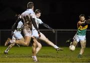 7 January 2015; Padraig Fogerty, Kildare, shoots to score his side's winning goal late in the game. Bord na Mona O'Byrne Cup, Group B, Round 2, Kildare v Carlow, Geraldine Park, Athy, Co. Kildare. Picture credit: David Maher / SPORTSFILE