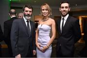 9 January 2015; Republic of Ireland assistant manager Roy Keane with, FIFA Puskás Award nominee, Republic of Ireland International Stephanie Roche and Cork City goalkeeper Mark McNulty at the SSE Airtricity SWAI Personality of the Year Awards 2014. The Conrad Hotel, Earlsfort Terrace, Dublin. Picture credit: David Maher / SPORTSFILE
