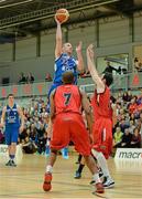 9 January 2015; Colin O'Reilly, C&S UCC Demons, in action against Marcus McDaniel, 7, and Kevin Lacey, Travelodge Swords Thunder. Basketball Ireland Men's National Cup Semi-Final, C&S UCC Demons v Travelodge Swords Thunder. Mardyke Arena, Cork. Picture credit: Brendan Moran / SPORTSFILE