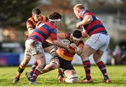 10 January 2015; Brian Moylett, Lansdowne, is tackled by Sam Cronin, left, and Royce Burke-Flynn, Clontarf. Ulster Bank League Division 1A, Clontarf v Lansdowne, Castle Avenue, Clontarf, Co. Dublin. Picture credit: Matt Browne / SPORTSFILE