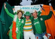 8 September 2007;  Republic of Ireland supporters, left to right, Siobhan Kelleher, Ray Hearne and John Kelleher, cheer on their team before the start of the game. 2008 European Championship Qualifier, Slovakia v Republic of Ireland, Slovan Stadion, Tehelné Pole, Bratislava, Slovakia. Picture credit; David Maher / SPORTSFILE