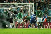 8 September 2007; Maros Klimpl, extreme right, celebrates after scoring Slovakia's first goal, as Republic of Ireland goalkeeper Shay Given moves to retreive the ball. 2008 European Championship Qualifier, Slovakia v Republic of Ireland, Slovan Stadion, Tehelné Pole, Bratislava, Slovakia. Picture credit; David Maher / SPORTSFILE