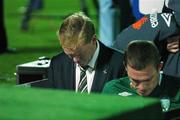 8 September 2007; A dejected Republic of Ireland manager Steve Staunton with man of the match Richard Dunne as they make their way down the tunnel at the end of the game. 2008 European Championship Qualifier, Slovakia v Republic of Ireland, Slovan Stadion, Tehelné Pole, Bratislava, Slovakia. Picture credit; David Maher / SPORTSFILE