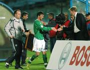 8 September 2007; Steve Staunton, Republic of Ireland manager shakes hands with Stephen Ireland, after he was subsituted during the second half. 2008 European Championship Qualifier, Slovakia v Republic of Ireland, Slovan Stadion, Tehelné Pole, Bratislava, Slovakia. Picture credit; David Maher / SPORTSFILE