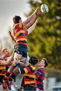 10 January 2015; Stephen Gardiner, Lansdowne, takes the ball in the lineout against Clontarf. Ulster Bank League Division 1A, Clontarf v Lansdowne, Castle Avenue, Clontarf, Co. Dublin. Picture credit: Matt Browne / SPORTSFILE