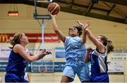 10 January 2015; Erica Cody Kennedy Smith, DCU Mercy, in action against Marie Breen, left, and Claire Rockall, Team Montenotte Hotel Cork. Basketball Ireland Women's National Cup, Semi-Final, Team Montenotte Hotel Cork v DCU Mercy, Neptune Stadium, Cork. Picture credit: Brendan Moran / SPORTSFILE