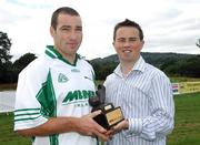 8 September 2007; Neil Curry, MBNA Business Development presents the trophy to winner John Brennan of Carlow. 8th Annual MBNA Kick Fada and Mini All-Ireland Final, Bray Emmets GAA Club, Bray, Co. Wicklow. Photo by Sportsfile