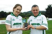 8 September 2007; John Greaves, corporate communications executive MBNA, presents the ladies winner Meath's Irene Munnelly with her medal. 8th Annual MBNA Kick Fada and Mini All-Ireland Final, Bray Emmets GAA Club, Bray, Co. Wicklow. Photo by Sportsfile