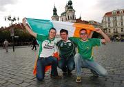 11 September 2007; Republic of Ireland supporters, left to right, Connal McKenna, from Belfast, Kevin Quinn, Belfast, and Brian Byrne, from Tullamore, Co.Offaly, show their support ahead of the 2008 European Championship Qualifier game against Czech Republic. Prague, Czech Republic. Picture Credit: David Maher / SPORTSFILE