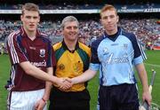 9 September 2007; Captains Kevin Hynes, Galway, and Johnny McCaffrey, Dublin, shake hands in the company of referee Johnnie Ryan, Tipperary. Erin All-Ireland Under 21 Hurling Championship Final, Dublin v Galway, Croke Park, Dublin. Picture credit; Brian Lawless / SPORTSFILE