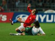 12 September 2007; Stephen Hunt, Republic of Ireland, tackles Jan Polak, Czech Republic, for which he was sent off by referee Kyros Vassaras. 2008 European Championship Qualifier, Czech Republic v Republic of Ireland, Sparta Prague Stadium, Prague, Czech Republic. Picture credit: David Maher / SPORTSFILE